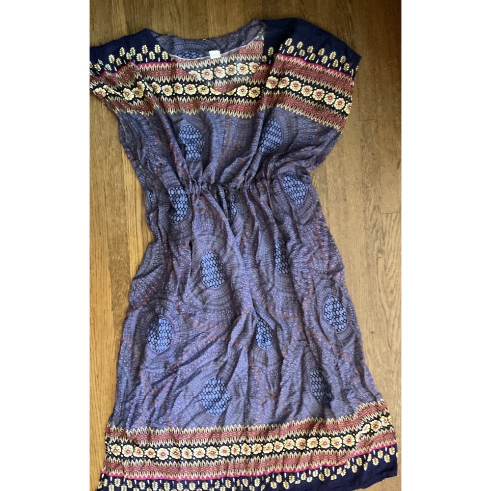 Boho Purple Medallion Print Drawstring Waist Midi Dress Dolman Sleeve Womens